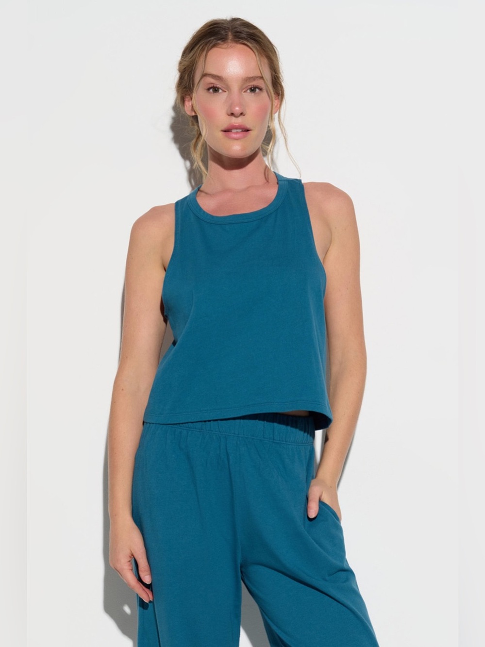 Spiritual Gangster Lunar Light Comet Tank L Teal Gold Racerback Yoga NWT